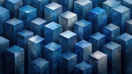 Abstract Blue Metallic Cubes Pattern with Varying Heights Creating a Visual Depth Effect
