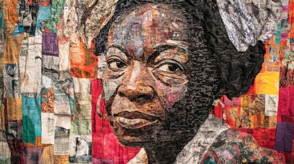 Portrait of a woman with a colorful quilt background showcasing rich textures and patterns