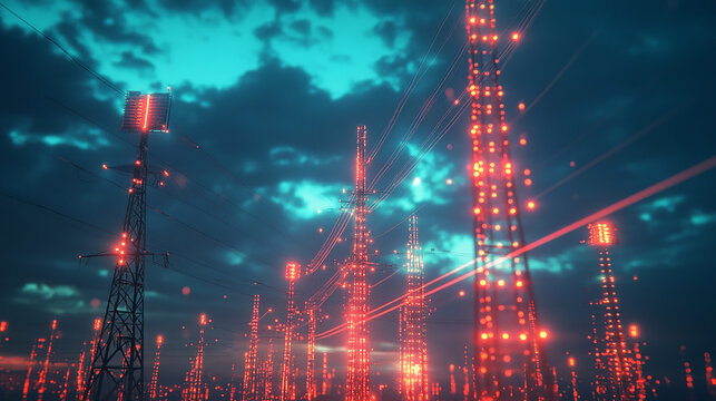 5G network infrastructure with futuristic glowing communication towers and digital signals