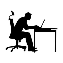 A silhouette of a man sitting stylishly at a table and chair, isolated on a transparent PNG background, perfect for modern designs, presentations, and creative projects.

