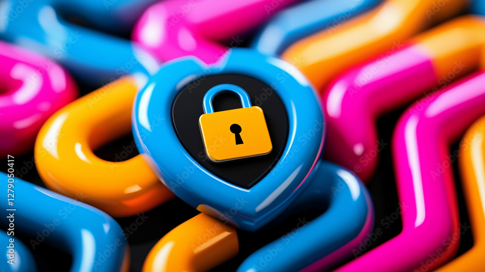 Poster colorful abstract composition featuring interconnected shapes and heart-shaped padlock representing 