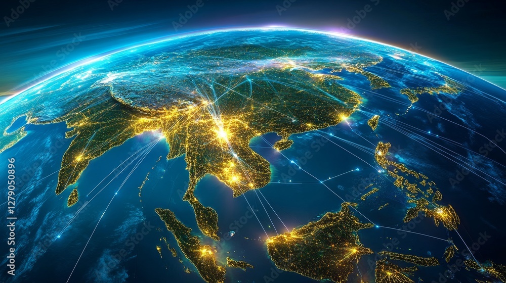 Poster connecting the world digital globe with glowing distribution lines global network technology environ
