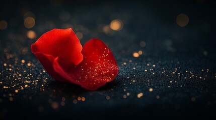 Red Rose Petal on Gold Glitter Dark Background