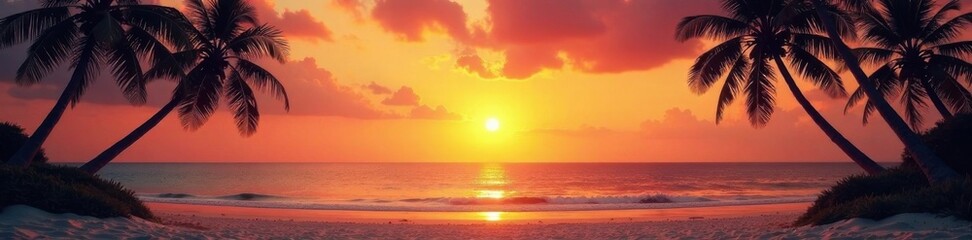 Fototapeta premium Vintage toned palm trees on a sandy beach at sunrise, warm sand, tropical landscape