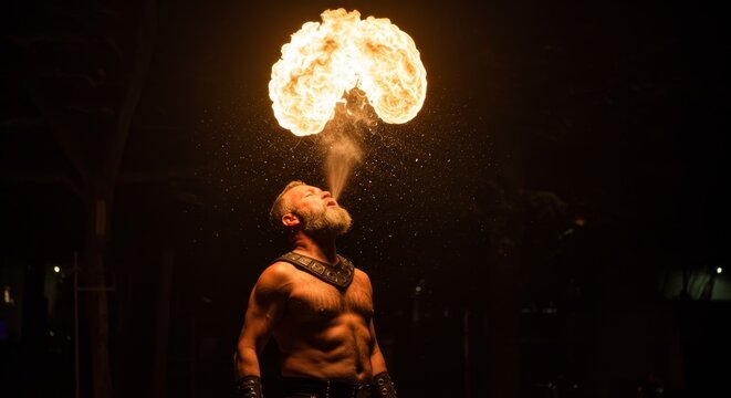 Daredevil Fire Breather Ignites the Night with Fiery Performance Art