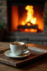 Fototapeta premium A tray of steaming hot beverages is placed on a rustic wooden table beside a roaring fireplace in the background, tea, warm light