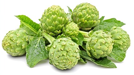 Pile of Fresh Green Artichokes and Leaves on a White Background Still Life
