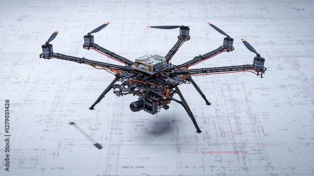 Poster designing an advanced drone engineering drawing technical blueprint aerial innovations workshop tech