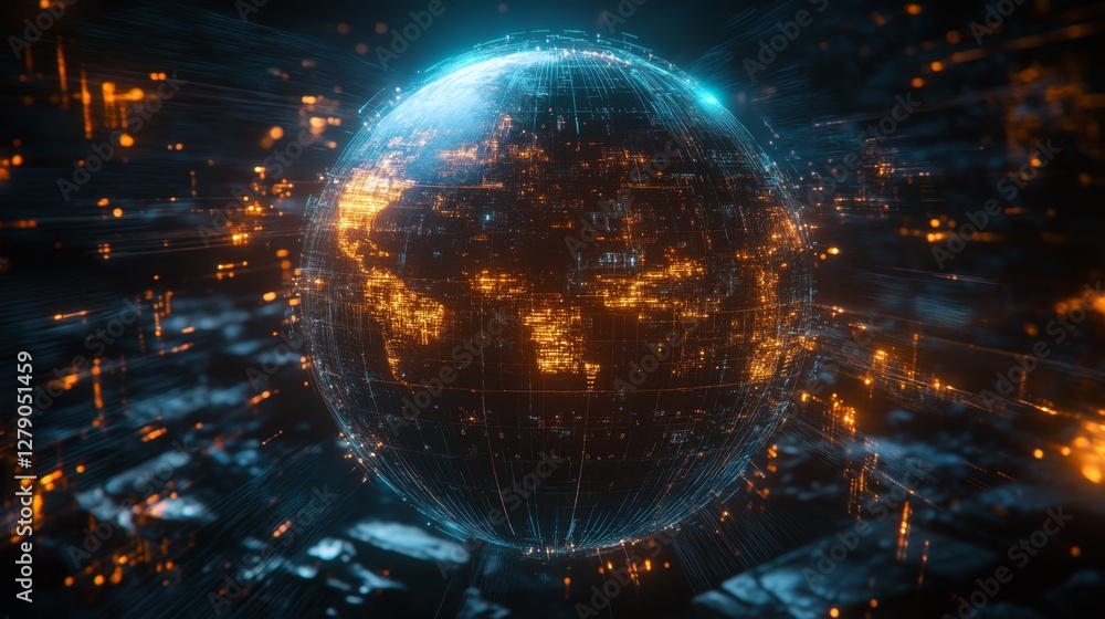 Poster global connectivity display earth digital visualization global environment aerial perspective glowin