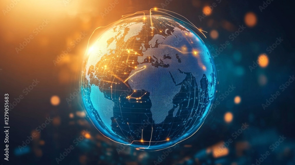 Poster mapping global connectivity a globe with glowing routes digital visualization modern world interacti