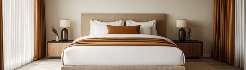 Stylish bedroom interior with warm colors and modern decor.