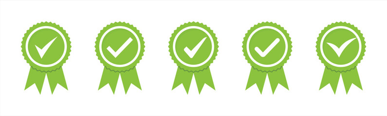 Set of green approved or certified medal icons in a flat design