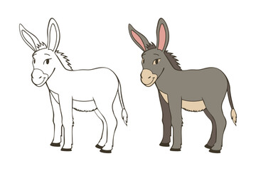 Coloring book for children, cute donkey animal. Illustration and sketch design.