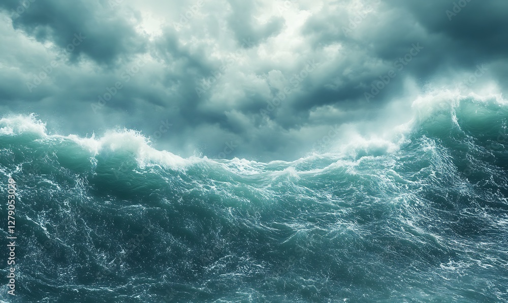 Poster a dramatic image of an ocean storm featuring giant crashing waves and powerful winds.