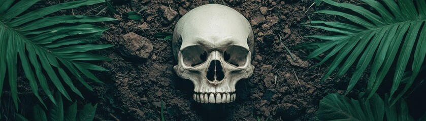 Obraz premium Human skull resting on earthy ground surrounded by tropical green leaves and natural foliage