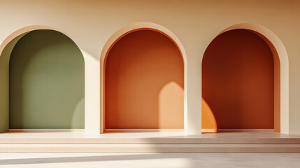 A modern minimalist lounge with layered arch structures, painted in warm earthy tones like terracotta and olive green