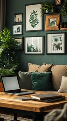 Cozy home office, green wall, laptop