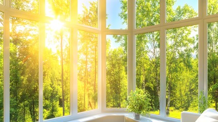 Sunlit Interior Room with Large Windows Overlooking a Green Forest and Clear Blue Sky