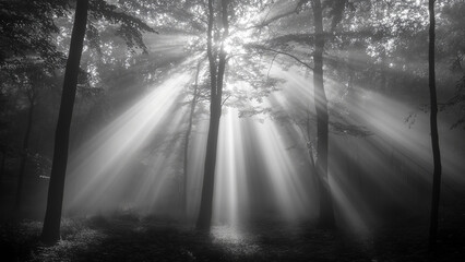 Obraz premium Black and white forest with sunlight filtering through, monochrome woodland, sun rays and trees