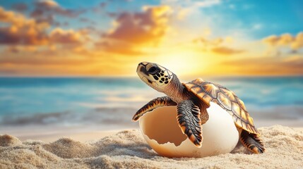 Baby sea turtle hatching ocean beach wildlife video natural habitat close-up breaking through eggshell