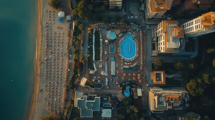 Aerial perspective showcasing a luxurious resort featuring a sparkling swimming pool adjacent to a pristine beach, surrounded by lush tropical landscapes.