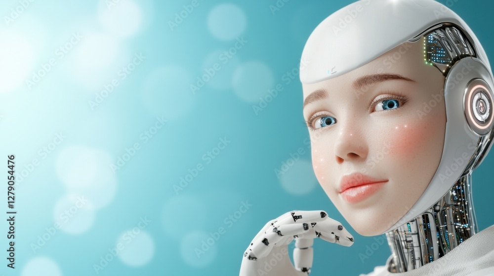 Poster futuristic humanoid agent navigating and learning within a simulated digital environment, showcasing
