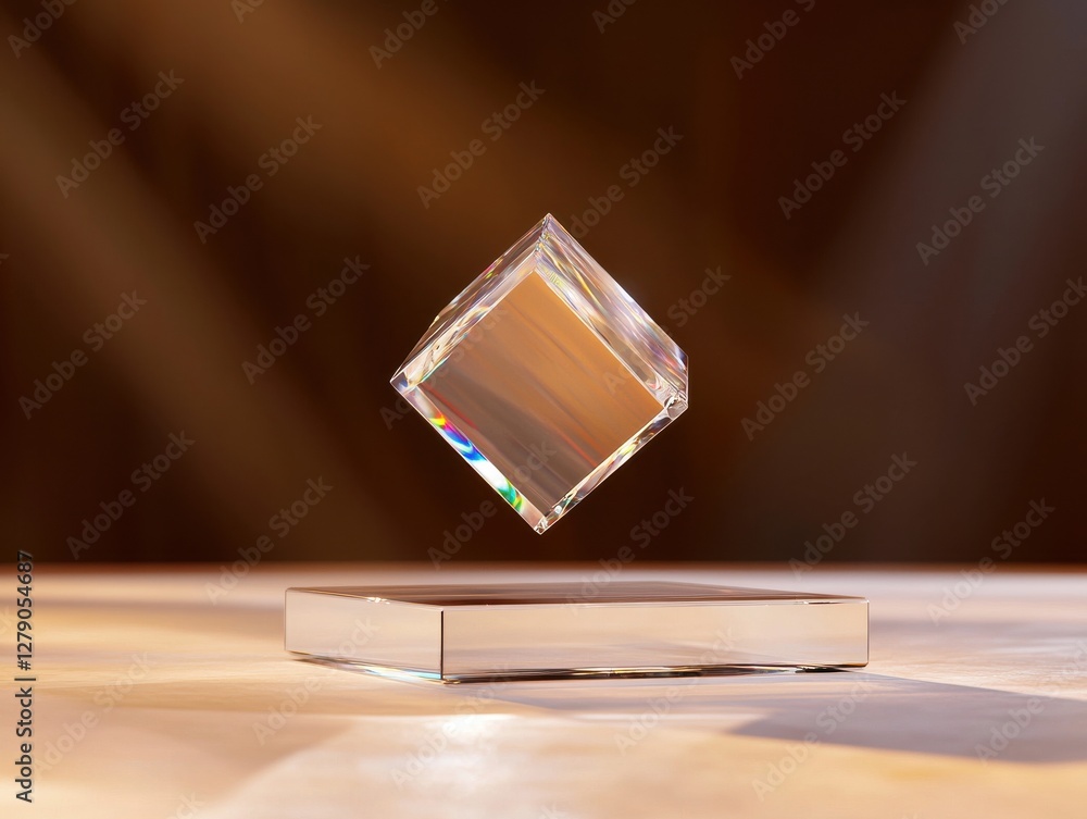 Poster a levitating crystal cube with colorful reflections and soft lighting.