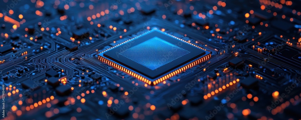 Aufkleber close-up of a computer chip on a circuit board.