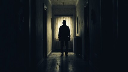 Silhouette of a figure standing in a dimly lit hallway, with light streaming through a window