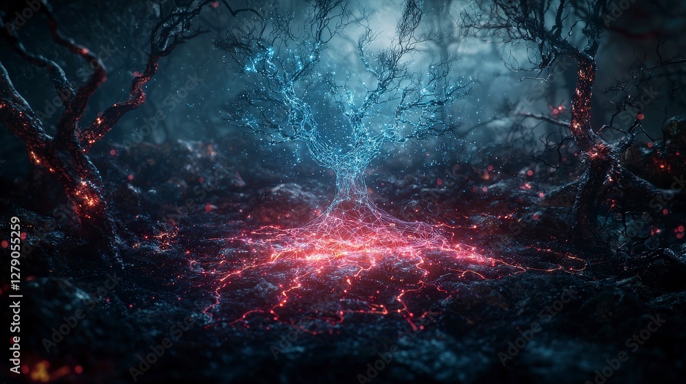 Poster Ai algorithms illuminate a digital landscape in an enchanted forest fantasy art nighttime surreal environment