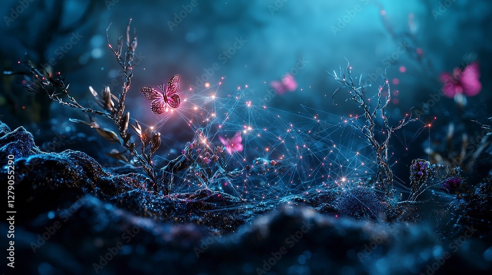 Aufkleber Digital landscape with ai algorithms and butterflies enchanting nature scene fantasy environment close-up view