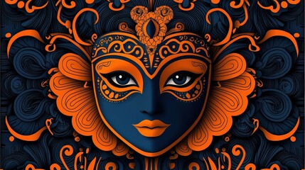 Intricate Decorative Mask Design with Blue and Orange Floral Patterns