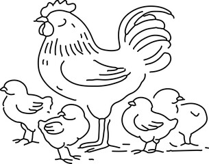 abstract illustration set of chicks and mother hen line art