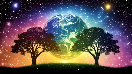 Fototapeta premium Silhouette Trees Against Fantasy Universe Sky with Colorful Stars and Planet Design