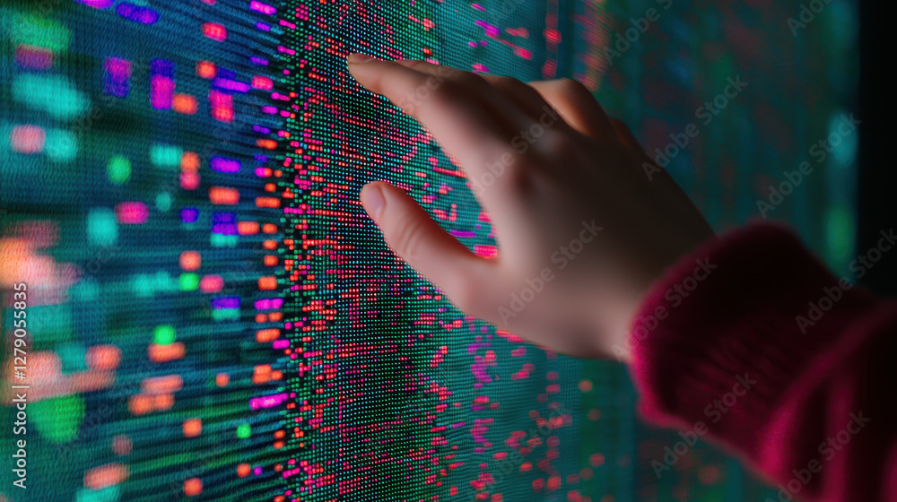 Poster hand gently touches colorful digital display, showcasing vibrant patterns and data visualization