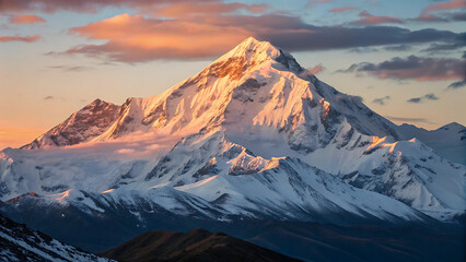 Snow-Covered Mountain Peak at Sunrise 