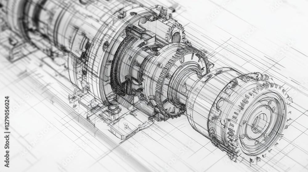 Poster creating a black and white engineering drawing of a mechanism workshop technical illustration indoor