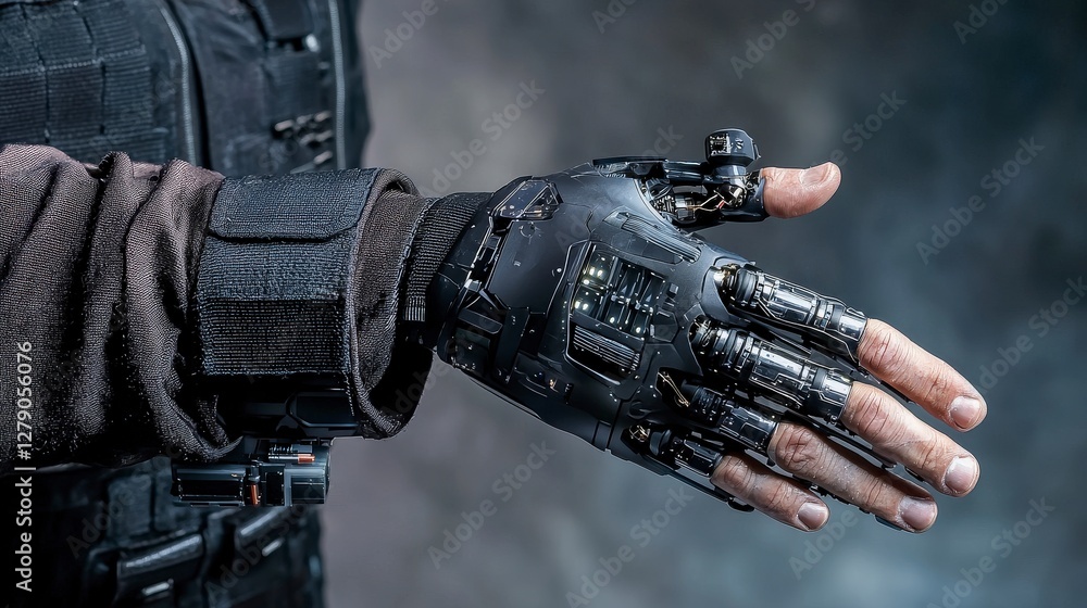 Poster Bionic augmentation revolutionizes human capabilities in technology showcase futuristic environment close-up view