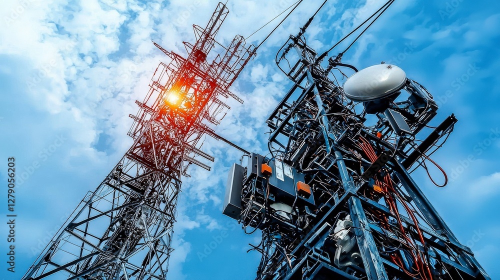 Poster urban aerial expressionism artistic representation of cellular communication networks in modern land