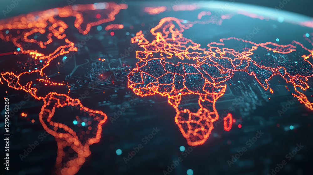 Poster glowing digital map of world, showcasing interconnected networks and data
