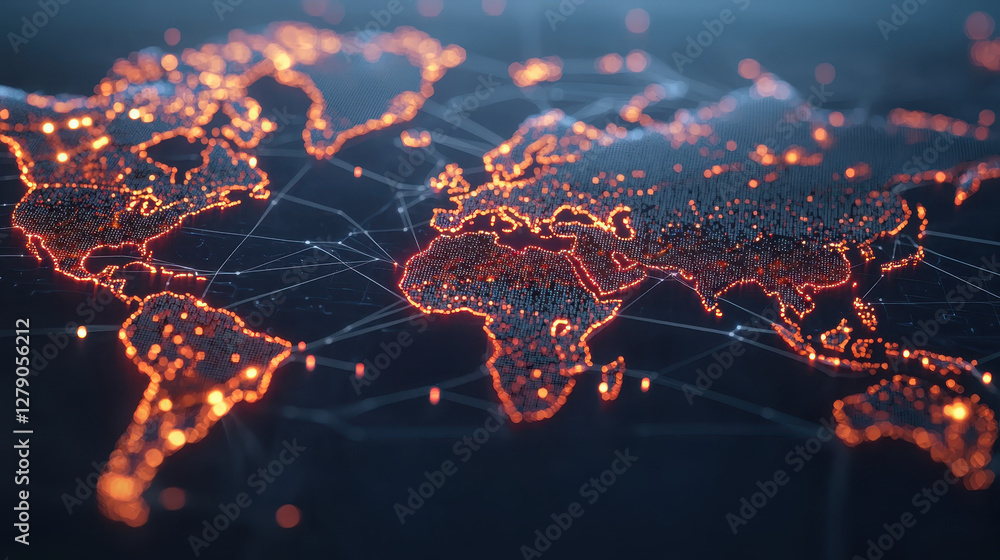 Poster visual representation of glowing global network map showcasing interconnected regions