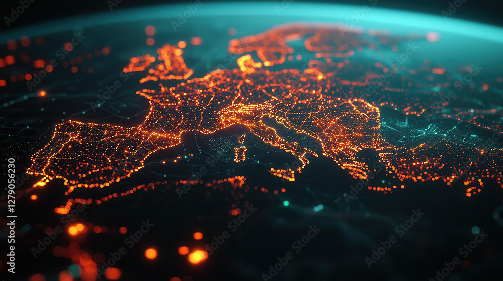 Poster visual representation of europe with glowing network connections and data points