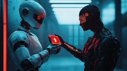 Robotic hand exchanging digital currency with another robot in futuristic setting