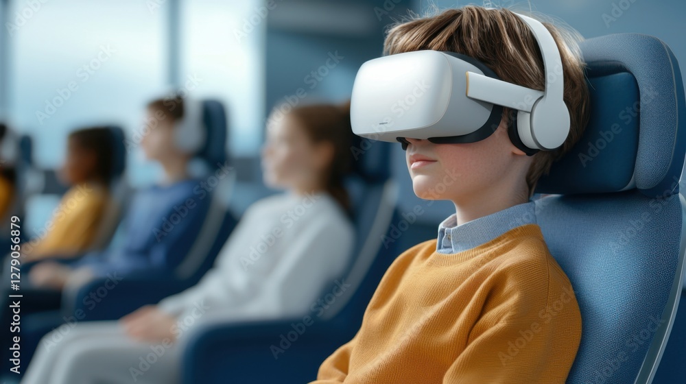 Poster futuristic online academy students attending immersive virtual classroom sessions featuring advanced