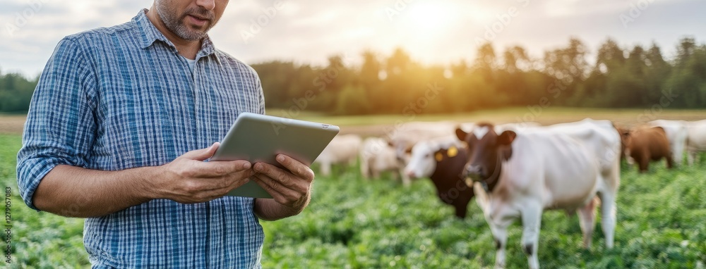 Poster a farmer in a pasture is using a tablet to check on his tasks while his cows calmly graze as the sun