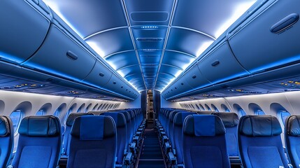 Fototapeta premium Empty airplane cabin with blue seats and overhead compartments.