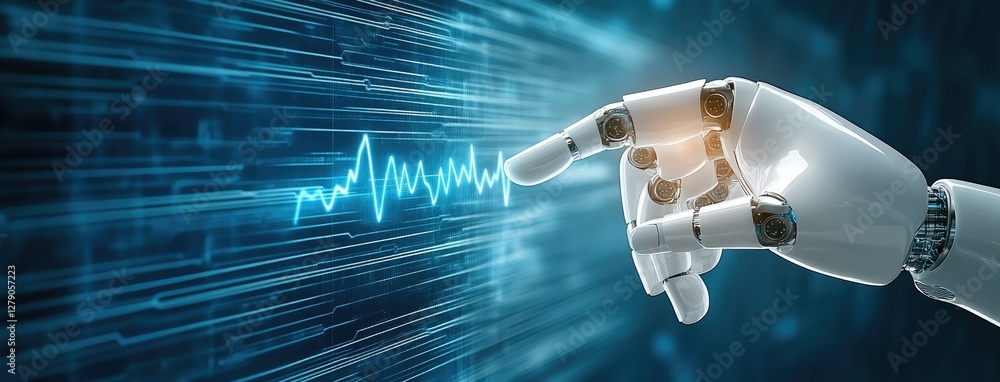 Poster a futuristic robotic hand extends towards a radiant, pulsating digital wave, set against an advanced