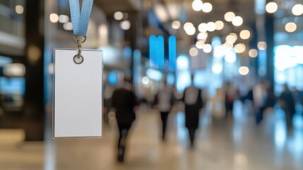 The busy atmosphere of a corporate event backdrop features a blank name tag with lanyard.