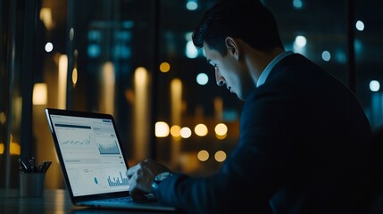 Young professional analyzing data on laptop screen late at night