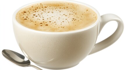 Close up of a Cup of Coffee with Creamy Foam and a Spoon on the Side Isolated on White